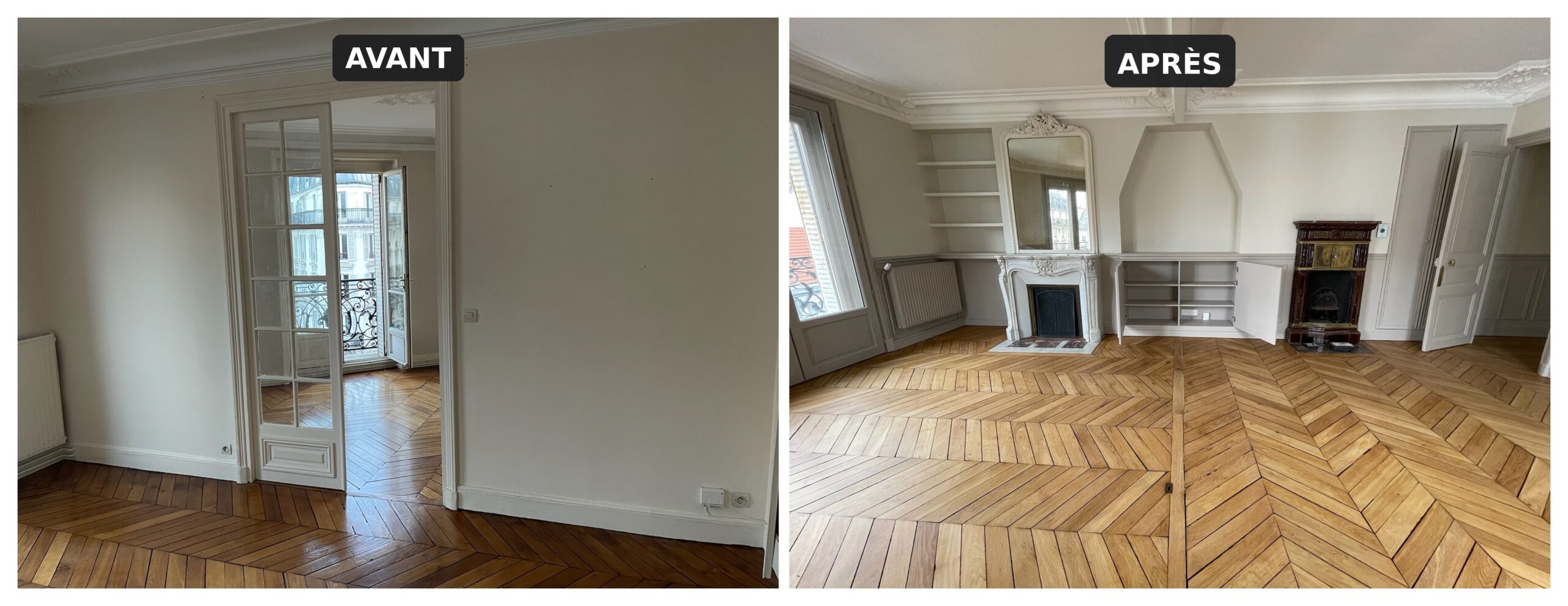 Rénovation séjour haussmannien Paris (75) avant après — TerraRenova