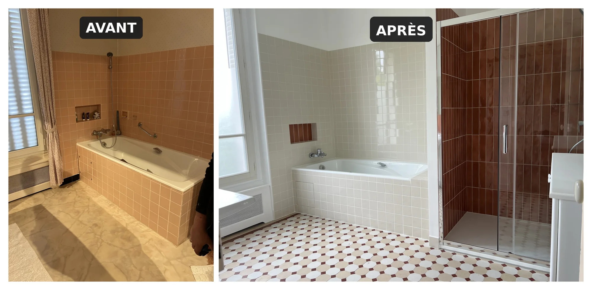Salle de bain avec douche rénovée dans le Val-de-Marne (94) par TerraRenova — avant / après