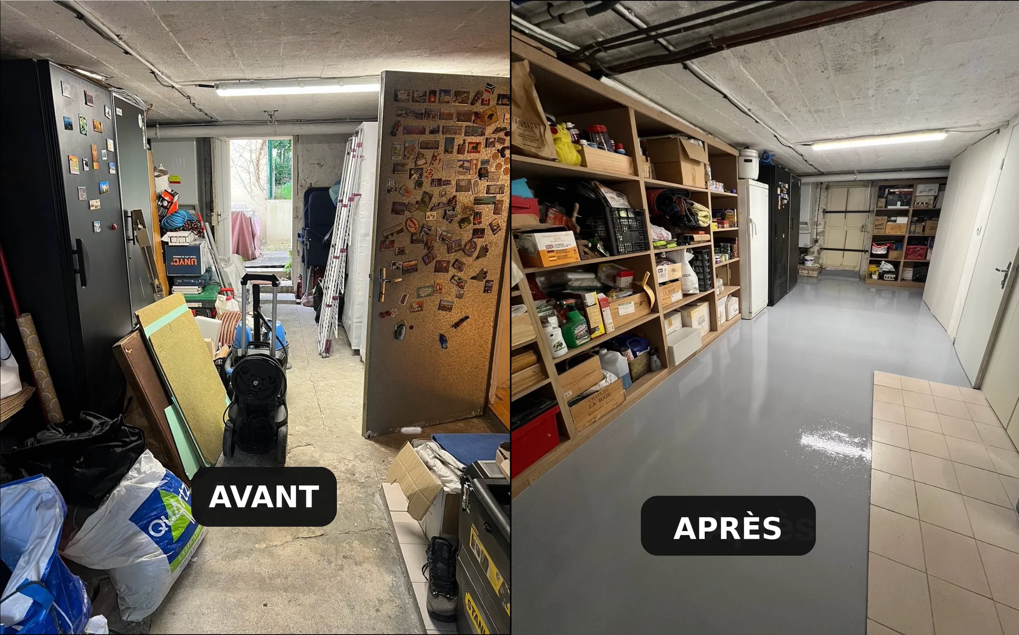 Sol de garage rénové (résine) à Hauts-de-Seine (92) par TerraRenova — avant / après