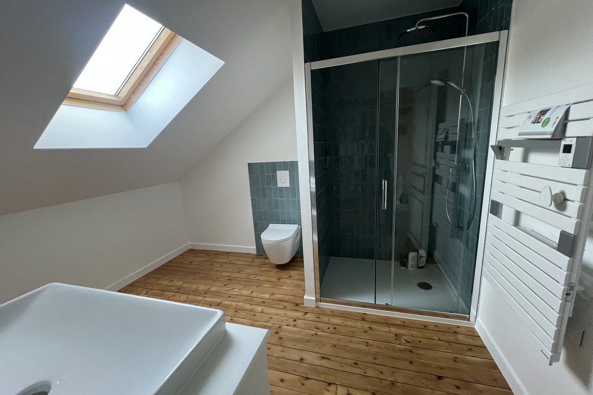 Salle de bain créée sous les combles, douche et velux — Seine-et-Marne